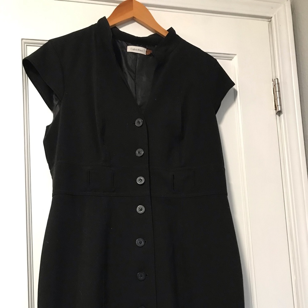 Calvin Klein button front black v-neck dress, midi length